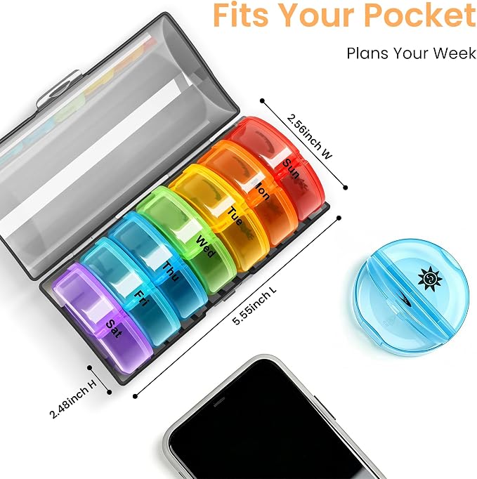 Medicine Pill Organizer Travel Pill Box 7 Day Small Pill Case Purse Am Pm Pill Container Daily Pill Holder Twice a Day Pill Sorter Day Night Pill Organizer Large Compartment Compact Portable