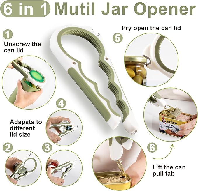 Jar Opener, 6 in1 Bottle Opener and Can Opener for Weak hands, Seniors with Arthritis, Mutil Function Jar Opener Get Lids Off Easily, with Non Slip Rubber Jar opener Gripper Pad