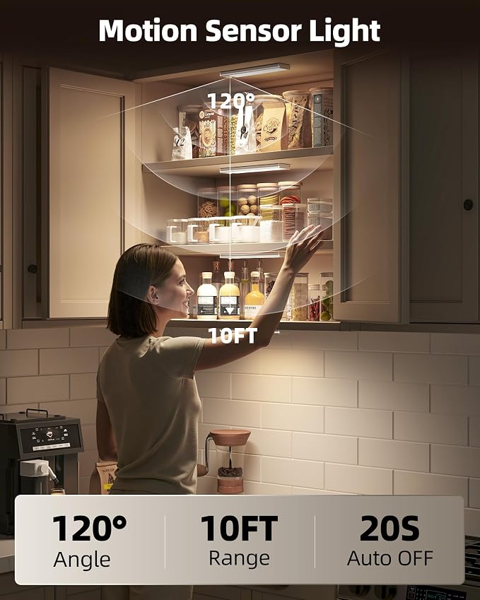 6Pack 7.8inch Under Cabinet Lighting, Rechargeable Motion Sensor Light Wireless Indoor, Dimmable 3 Color Temps Closet Lights with Remote, Under Counter Lights for Kitchen, Stairs, Bookshelf