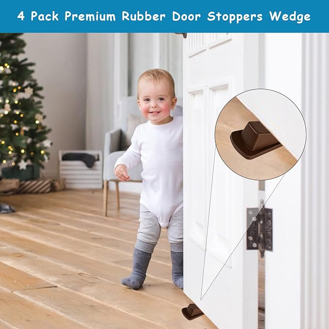 4 Pack Premium Rubber Door Stoppers Wedge, Door Stops for Carpet Heavy Duty Door, for Bottom of Door on Tile, Concrete, Carpet, Wooden Floor (Brown)