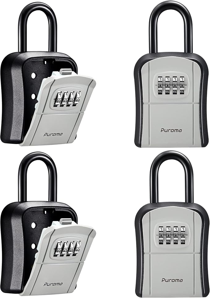Puroma Key Lock Box Outdoor 4 Digit Code Combination Lockbox House, 4 Gray | For Contractors Guest Realtor Storage Keys, Portable, Home Wall Mount, Resettable, Combination, Weatherproof, High-capacity