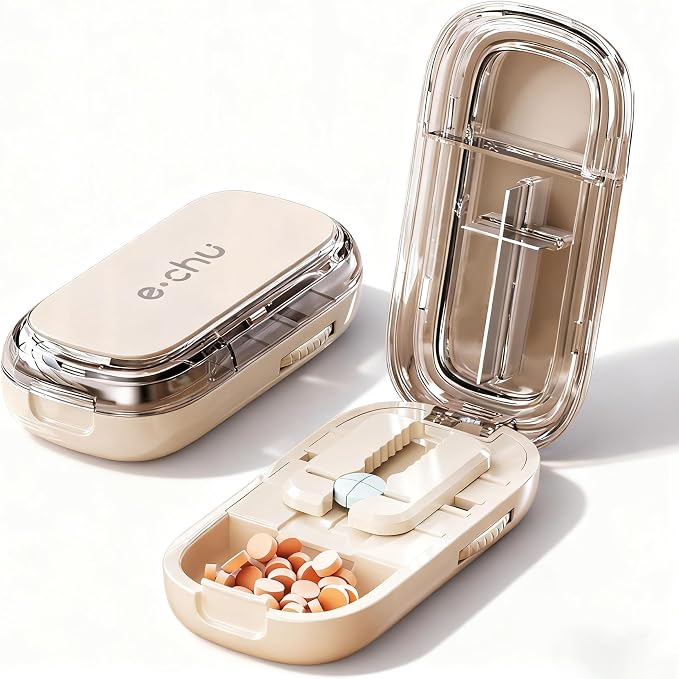 E Chu Pill Cutter - Pill Cutter Splitter for Small and Tiny Pills, Larger Pills - 1/2 1/4 Adjustable Splitter - Improved Sharp Blade & Centering Device (Beige, 1)