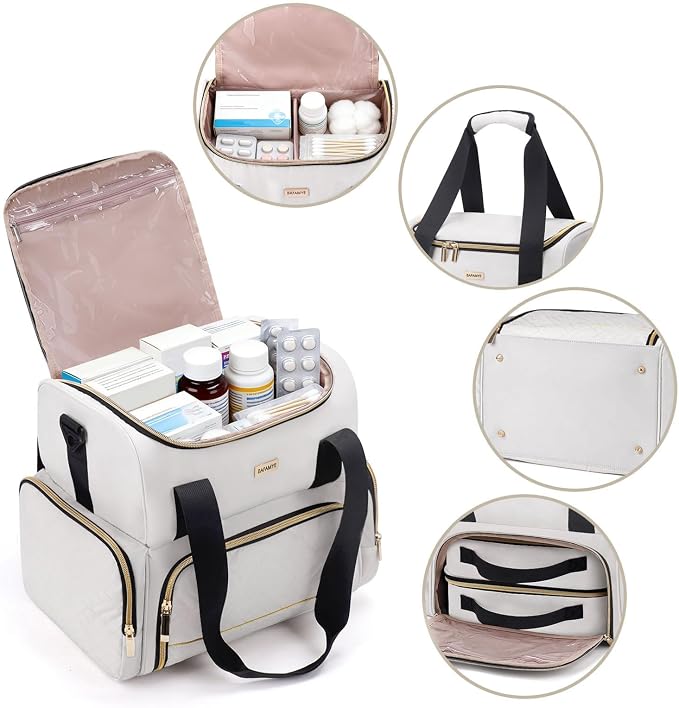 BAFAMYE Large Medicine Storage Bag with 2 Removable Cases, Medicine Storage Bag with Multiple Storage Sections,with Shoulder Strap,Suitable for Travel or Home,Beige