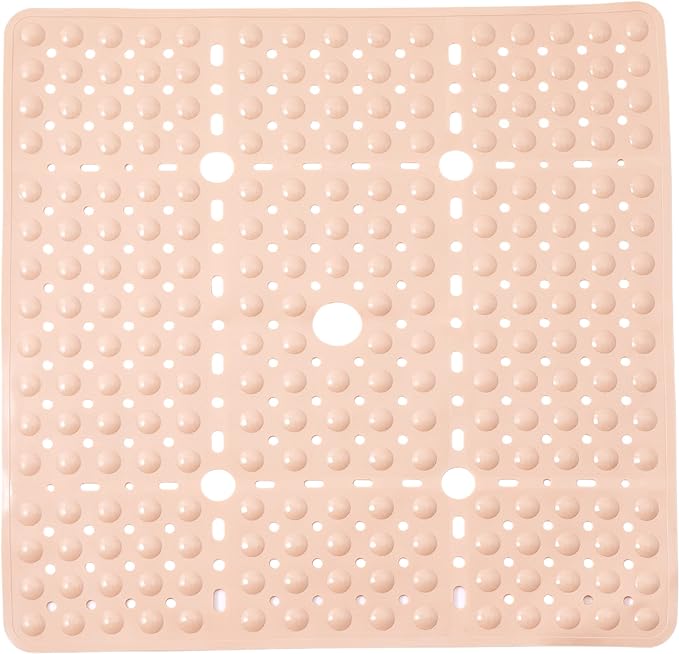 ENKOSI Square Shower Mat 27x27 inch - Large Anti Slip Shower Floor Mat - Non Slip Bathroom Shower Stall Mats with Strong Secure Suction Cups and Drain Holes in Middle Beige Opaque 27x27