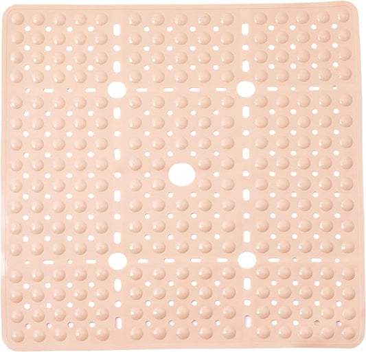ENKOSI Square Shower Mat 27x27 inch - Large Anti Slip Shower Floor Mat - Non Slip Bathroom Shower Stall Mats with Strong Secure Suction Cups and Drain Holes in Middle Beige Opaque 27x27