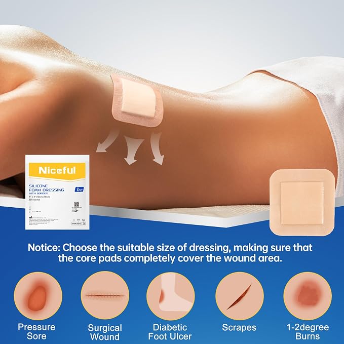 Silicone Foam Dressing Bulk 4"x4"(25 PCS), Waterproof Silicone Large Bandages for Wound with Border Adhesive, High Absorbency Bed Sore Bandages Wound Care Dressing (2.5"X2.5" Pad)