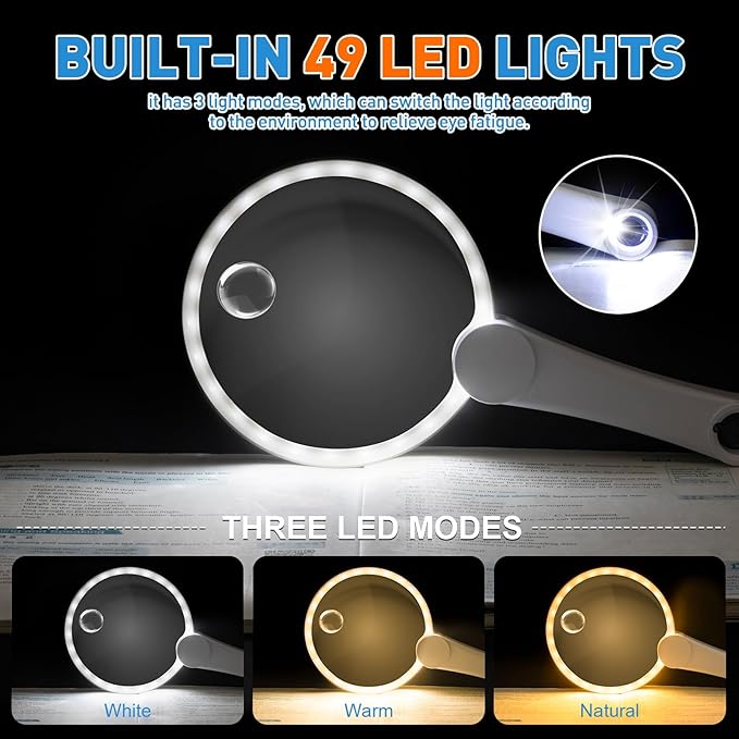 5.2 Inch Large Rechargeable Magnifier with Light, 30X 40X 60X Loupe Handheld Magnifying Glass with 49 Anti-Flicker LED Light, Third Gear Dimming Lighted Magnifier for Low Vision Coin Inspection