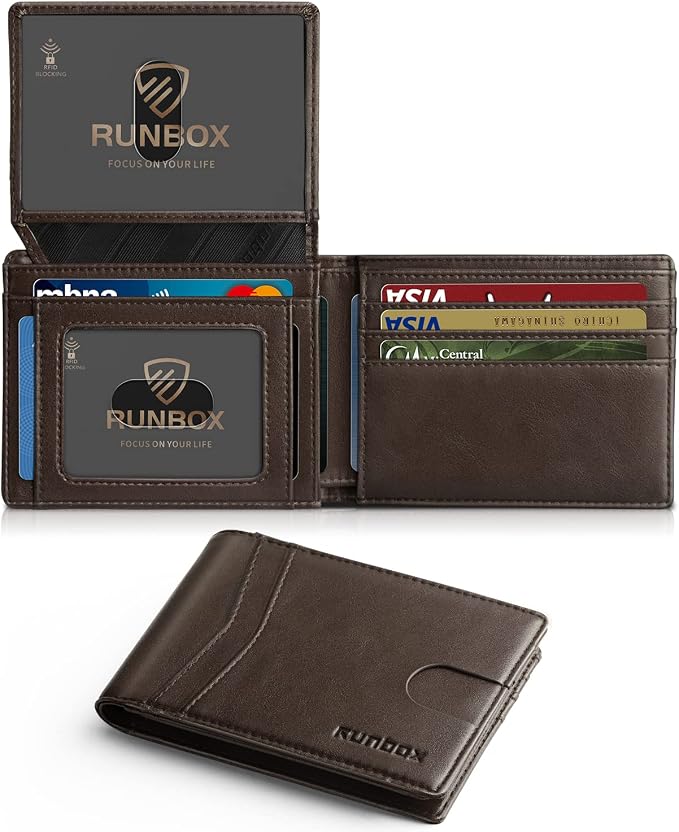 RUNBOX Wallet for Men -Slim Rfid Leather Mens Bifold Novelty Wallets 2 ID Window With Gift Box Men's Accessories | Minimalist Front Pocket Design, Holds 15 Cards, Large Capacity with Cash Pocket,Compact and Thin, Birthday Gifts for Men