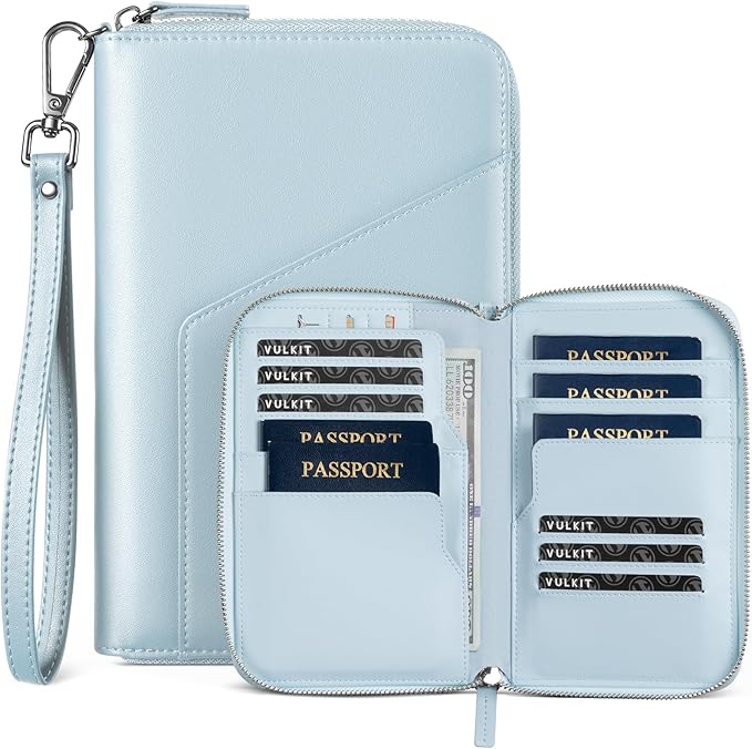 VULKIT Family Passport Holder for 4 Passports, RFID Blocking Travel Wallet | 6 Card Slots, 2 SIM Pockets, Secure Zipper Closure, Holds 4 Passports, Family Travel Essential