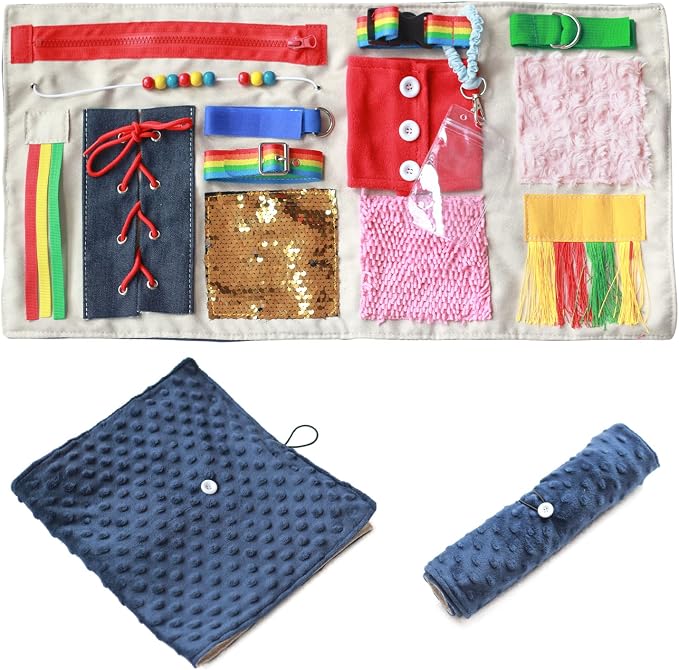 Fidget Blanket for Adults with Dementia, Senior Activity Blanket for Elderly Care, Alzheimer’s Dementia Activity Aid, Tactile Lap Blanket for Seniors, Blue