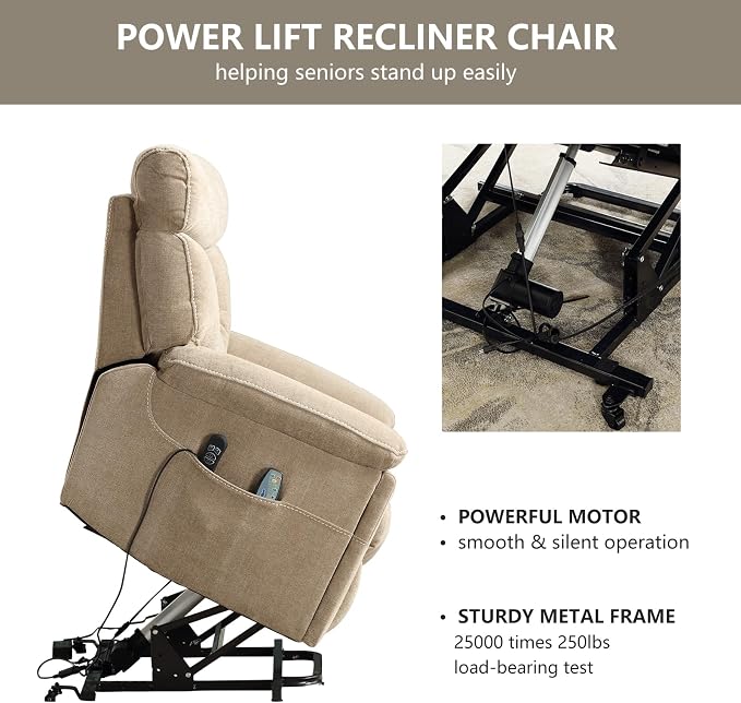 Dual Motor Power Lift Recliner Chair for Elderly, 27" Extra-Wide Seat 450 lbs Weight Capacity Infinite Position Adjustment, with Heated Massage, Cup Holders and USB Port, Camel Fabric