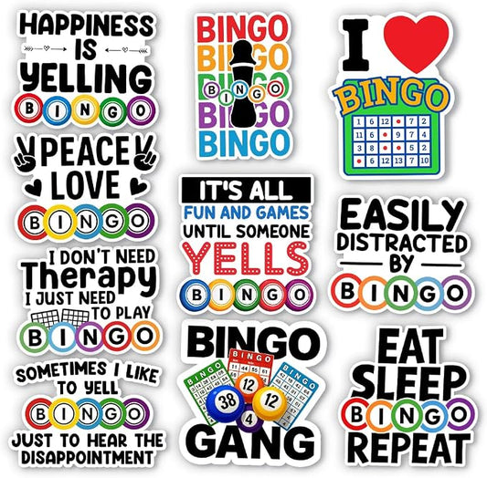 (10Pcs-3in) Funny Bingo Games Sticker Pack, Bingo Prizes Sticker for Player Caller, Gift for Senior Adult, Decoration for Laptop Tablet Kindle Scrapbook Water Bottle Helmet Vehicles Bumper