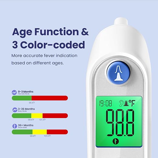 Viproud Digital Ear Thermometer for Kids & Adults, Accurate & Fast Results | With 21 Disposable Probe Covers, 1s Fast Reading, 3-color backlight screen, 30 Memory Recall, ℃/℉ Switchable, Silent Mode