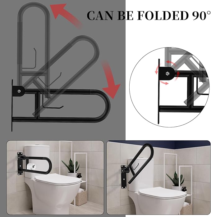 Toilet Grab Bar 22.4 Inch, YuanDe Flip Up Grab Bar with Paper Holder, Matte Black Anti-Slip Safety Bars for Toilet, Stainless Steel Knurled Toilet Handles for Seniors Disabled Elderly Pregnant