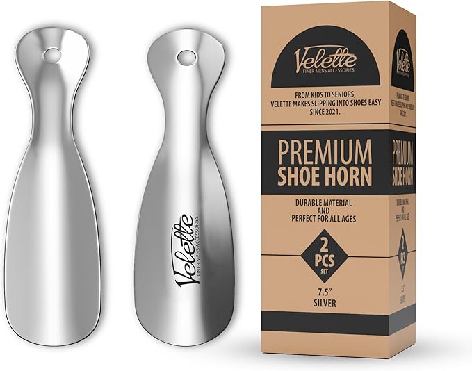 Velette Metal Shoehorn - 2 Pack 7.5" Long Shoe Horn, Travel Shoe Horn for Kids, Men & Women - Shoes Helper, Spoon, Travel Size Shoehorn for Boots, Shoes, Sneakers, Heels and More