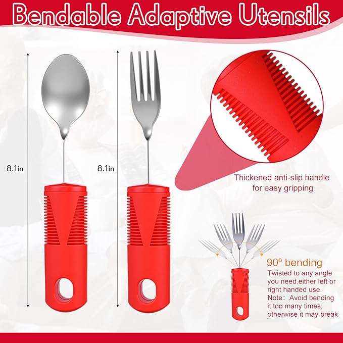 6 Pcs Adaptive Utensil with Bib Bowl Plate Set Weight Cutlery Gift for Christmas Elderly Disabled Arthritis Parkinson(Red)