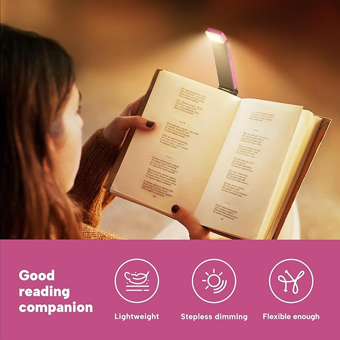 86lux Book Light, Rechargeable Reading Lights for Books in Bed, Ultralight Clip-on LED Bookmark Lamp with 3 Amber Colors & Stepless Dimming for Night Reading for Book Lovers, Kids, Hot Pink