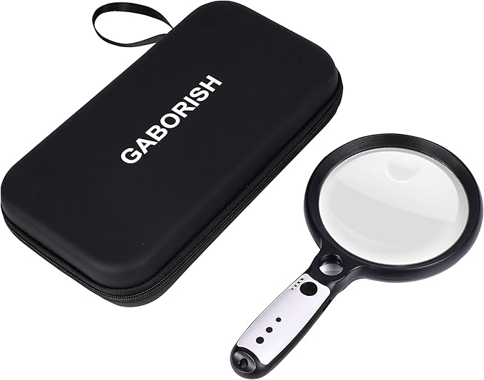 Large Magnifying Glass with 37 LED Light and Case, 10X 20X 45X Handheld Illuminated Lighted Magnifier with 3 Light Modes Rechargeable Magnifying Glass for Seniors Reading, Inspection (Black & White)