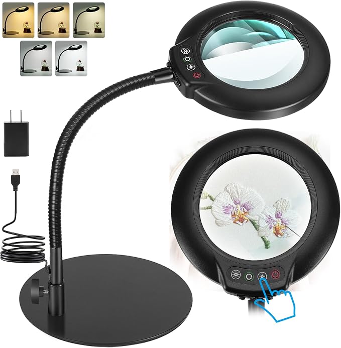 IVMAIE 12X Magnifying Glass with Light, Real Glass Lens, 5 Color Modes Dimmable, Flexible Gooseneck Lighted Magnifier with Stand, LED Desk Lamp Hands Free for Crafts Painting Sewing Reading Close Work