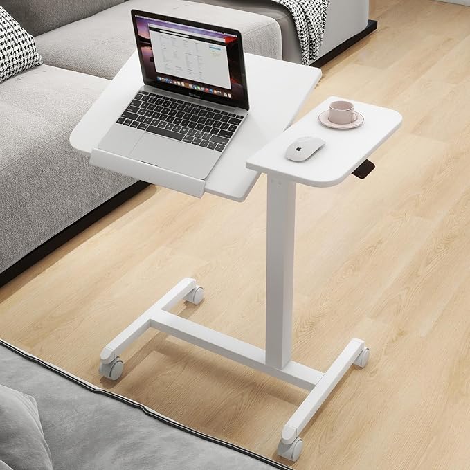 PUNCIA 28" Overbed Table with Split Tilting Desktop,Pneumatic C Table,White | Mobile Laptop Desk for Bedside, Height Adjustable End Table with Wheels, Computer Cart for Home Sofa Office & Hospital Use