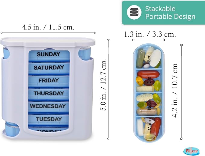7 Day Pill Box Organizer, Hard Case with Embedded Magnet, 7 Stackable Trays, Perfect for Travel and Home Use.