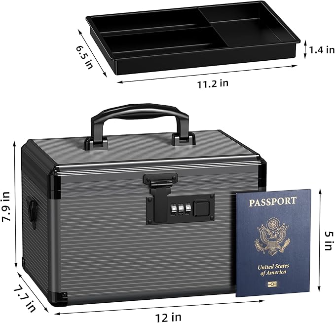 Lockbako Medicine Lock Box with Code, Locking Medicine Box with Removable Tray & Pocket Bag, Portable First Aid Box for Home, 12 * 7.7 * 7.9 Inch (Black)