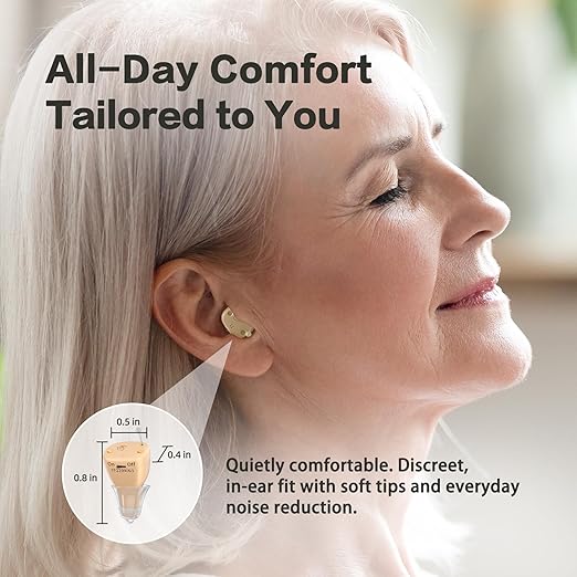 Rechargeable Hearing Aids for Seniors with Noise Cancellation, OTC Hearing Aids Digital Chips for Clear Sound, CIC In-Ear Fit Comfortable & Invisible, Charging Case Volume Control, 1 Pair, Beige