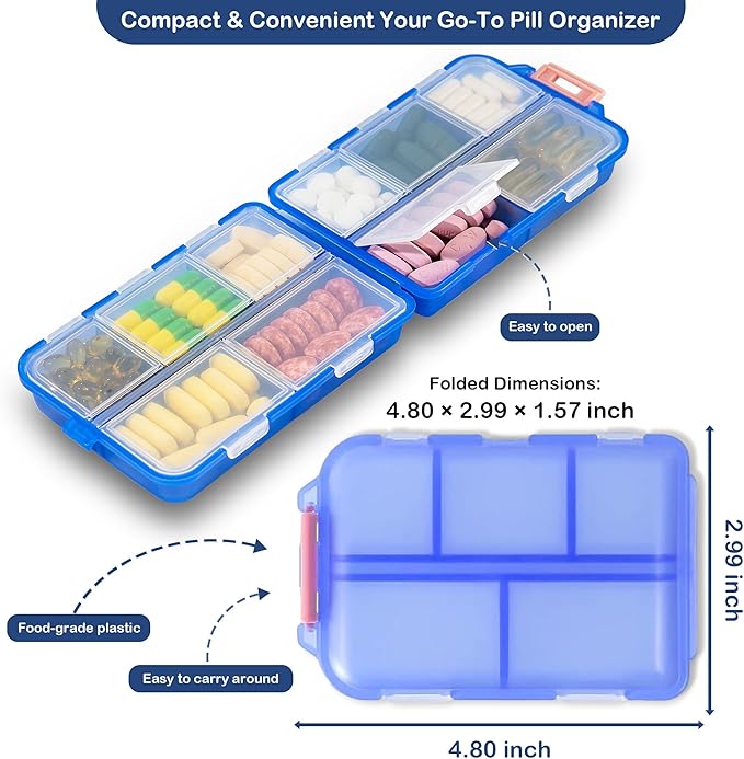 2026 New Extra Large Pill Box with Medicine Labels Travel Essentials Daily Med Container Mini Medication Organizer Storage Organizer Case 7 Day Pill Organizer(Blue)
