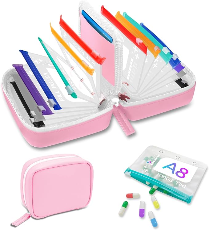 A8 Waterproof Pill Organizer Set, Twice-Daily Large Pill Organizer for Seven Days, Pill Storage with 14 Color-Coded Pouches, Reusable Travel Medicine Organizer