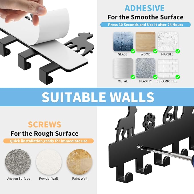 GTK Key Hooks with 8 Hooks Wall Mounted, Key Holder for Wall Decor, Dog Key Holder for Entryway, Self Adhesive Cat Key Rack for Living Room