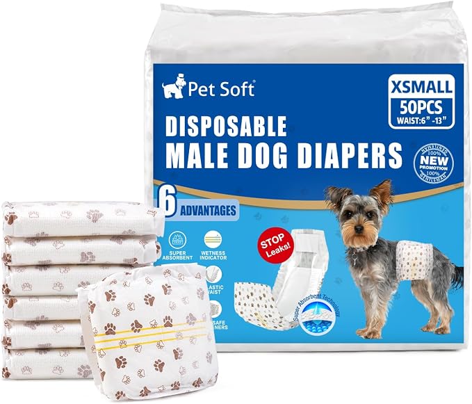 Pet Soft Dog Diapers Male - Disposable Male Dog Wraps Wetness Indicator, Ultra Absorbent Doggie Diapers Comfortable for Incontinence Excitable Urination, 50pcs XSmall