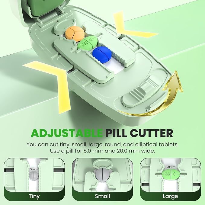 Pill Cutter Splitter for Small and Tiny Pills, Anti-Slip Silicone Pad Holds Pills Steady, Adjustable Pill Cutter for Accurate 1/2 1/3 1/4 Cutting, Sharp Stainless Steel Blade with Safety Guard