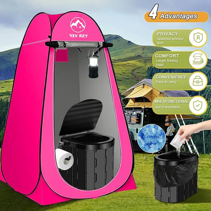 Portable Toilet Kit, Camping Toilet with Pop-Up Privacy Tent and Poo Gel Toilet Bags, Washable Portable Outdoor Showers Changing Rooms