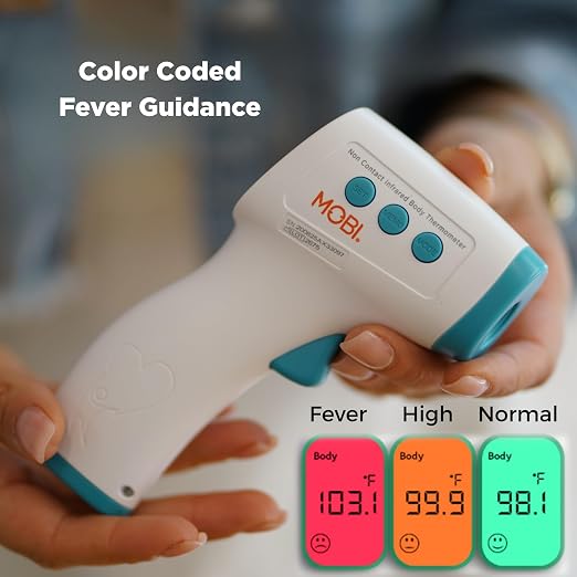MOBI No Touch Forehead Thermometer for Baby, Kids & Adults, Fast 1-Second Digital Infrared Thermometer, Fever Indicator, Silent Mode, Touchless with Object & Room Mode