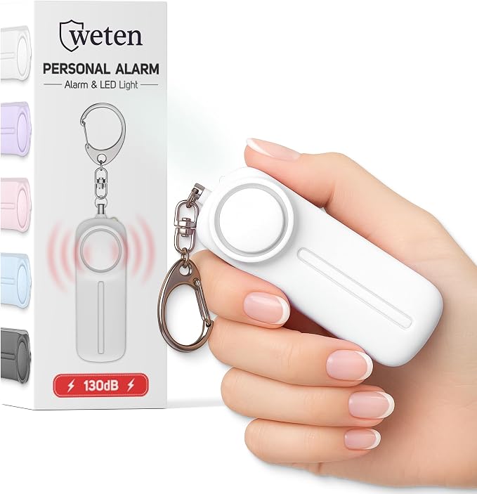 Weten Personal Safety Alarm Keychain - 130dB Siren, LED Light, Panic Pin – Compact Self-Defense Device and Emergency Whistle Alternative for Women, College, Travel, and Night Walk Protection (White) | LED Light, Panic Pin, Self-Defense Device, Emergenc...