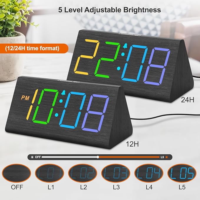 DreamSky Wooden Digital Alarm Clock for Bedroom with RGB Large Numbers | Electric Desk Clock, USB Port, Loud Alarm for Heavy Sleepers, Dimmer and Volume Control, Snooze, Wood Décor, Adapter Powered