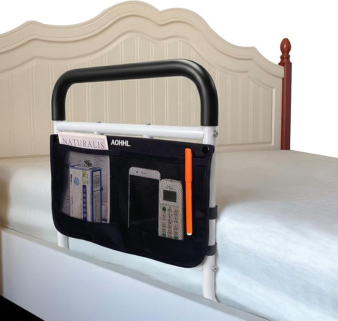 AOHHL Bed Rails for Elderly Adults Safety Adjustable Heights Storage Pocket Assist Support Side Railings for Seniors Citizens Slides Under Mattressbed Cane Bed Guard Bed Handles Bars