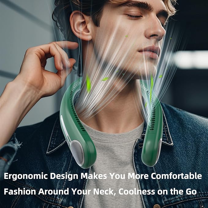 Portable Neck Fan, Personal Wearable Bladeless Fan, 6000mAh USB Rechargeable, 360° Airflow, LED Display, 4-Speeds, Hands Free Fan for Outdoor Indoor, Birthday Gifts for Men Women Dad Mom (Dark green)