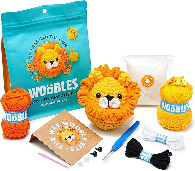 The Woobles Amigurumi Crochet Kit for Beginners (Sebastian the Lion) | As seen on Shark Tank, Kit includes: Easy Peasy Yarn, pre-started piece, hook, safety eyes, stuffing, video tutorials