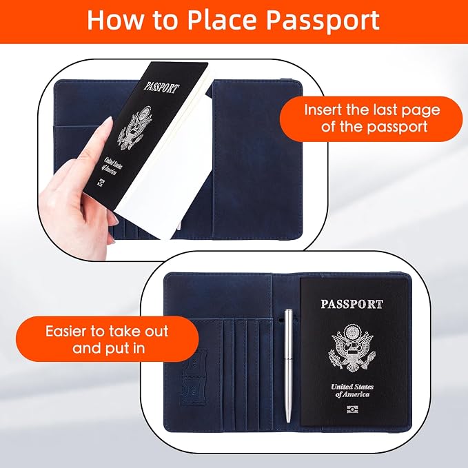 WALNEW Passport Holder for Travel, RFID Passport Wallet, Travel Essentials | PU Leather Passport Cover Case with Pen Holder, Travel Must Haves Accessories, Passport Book Holder for Women Men
