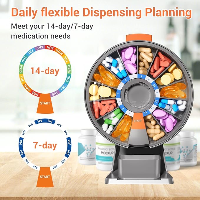 Zoksi Large Pill Organizer, Daily Pill Box for 7 or 14 Days, Wall-Mountable Pill Dispenser Hold for Medicine, Vitamin or Supplements, Weekly Pill Case with Easy Press Button (Grey)