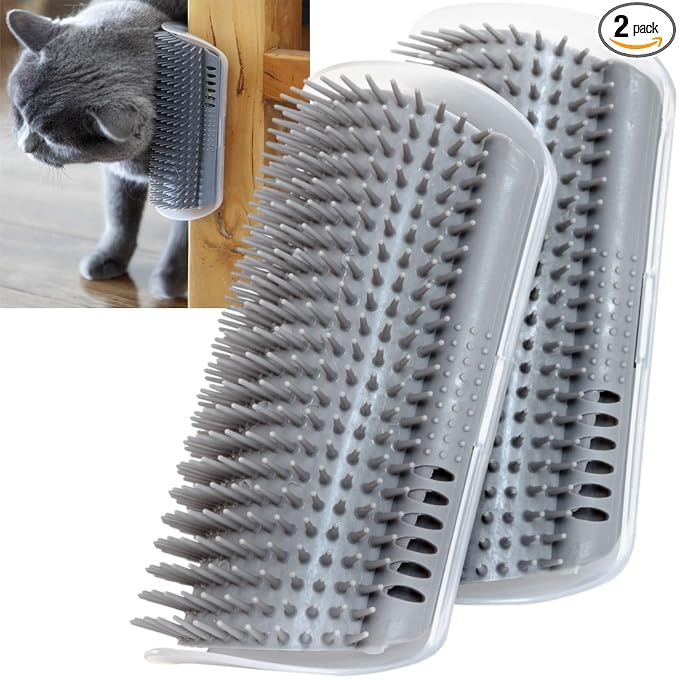 Miwoowim Extended (6.1") 2 Pack Self Grooming Cat Brush - Wall Corner Scratcher with Massage Combs for Long and Short Fur Cats, Kittens (Grey) | Soft bristles .Durable, Scratcher & Massage comb for long/short hair. Mounts on walls or furniture corners....