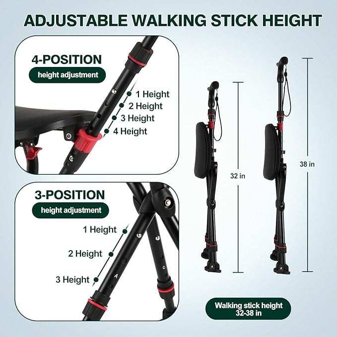 Walking Cane with Seat Holding 400 lbs – Heavy-Duty Folding Cane Chair with Upgraded Detachable 3 Legs, ABC Markings, Adjustable 19"-22" Seat Height, Large Comfort Seat for Seniors