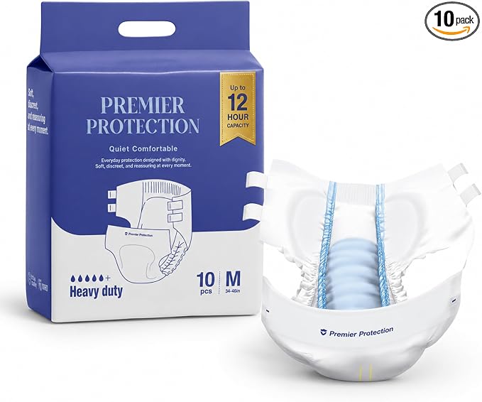 Adult Incontinence Briefs Tab Style, Heavy Absorbency with Wetness Indicator, Refastenable Tabs, Breathable & Soft, Men and Women, Medium & Large, 10 Count