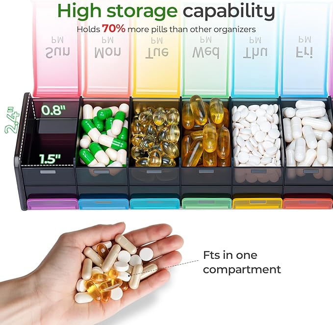 Daviky Extra Large Weekly Pill Organizer 2 Times a Day, XXL Pill Box 7 Day with AM PM Large Compartments, BPA-Free Daily Medicine Case, Jumbo Pill Holder for Fish Oils, Vitamins & Supplements（Black）