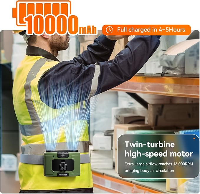 Doublepow 10000mAh Portable Waist Fan, Personal Dual Waist Fan, Clip On Belt Hanging Neck, Dual Motor 20H&10 Speed 16000RPM Strong Airflow, USB Rechargeable Fans, for Outdoor Work Travel(K60-Green)