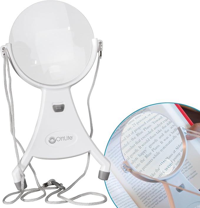 OttLite 4-Inch Hands-Free LED Magnifier, White | 1.5x Optical Acrylic Lens | 4.25x Spot Viewer | LED Illuminated | Adjustable Neck Cord