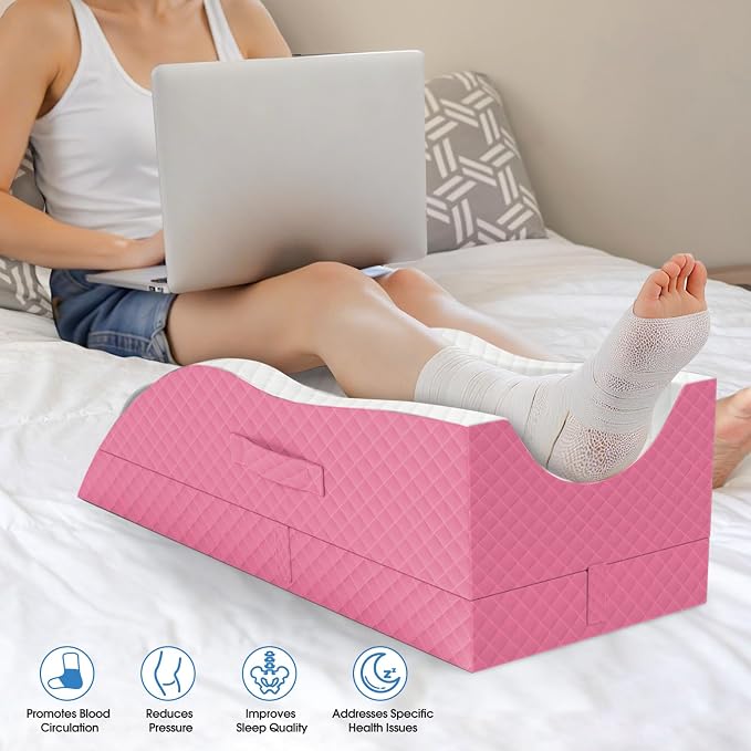 TranquilRelax Elevation Pillows for Leg After Surgery, Memory Foam Adjustable Wedge Pillow for Injury or Rest, Ankle Pillow for Sleeping Blood Circulation, Pink/Single Leg