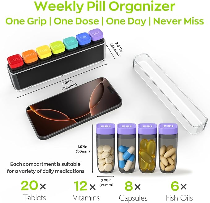 HIONXMGA Weekly Pill Organizer, Detachable 7-Color Pill Box, Easy Tracking | Portable Travel Pill Case Container for Daily Vitamin Supplement Fish Oil, Silicone-Seal, Lasting Labels, Quick Fill (Clear)