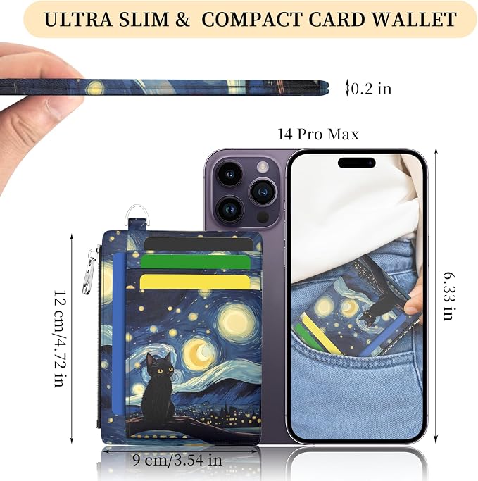 Hancynir Black Cat Slim Wallet Women Credit Card Holder, RFID Small Cute | Zipper Pocket Wallet, Thin Travel Coin Purse, Ladies Women Gifts, Minimalist Card Case, 6 Card Slots, ID Window, PU Leather